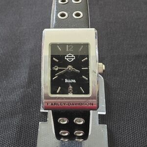 VTG Bulova Harley Davidson Women's Leather Band Silver Tone Quartz Watch Runs